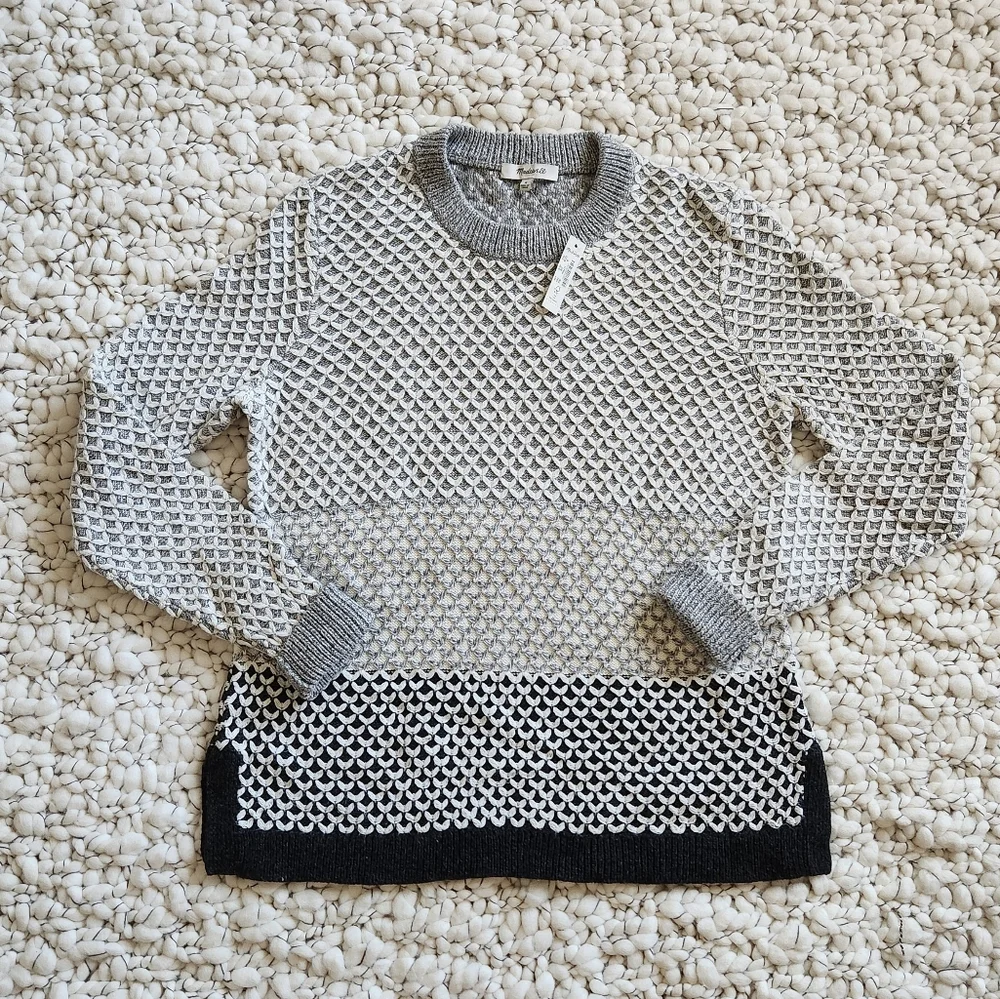 Madewell Gray & Cream Textured Crewneck Sweater